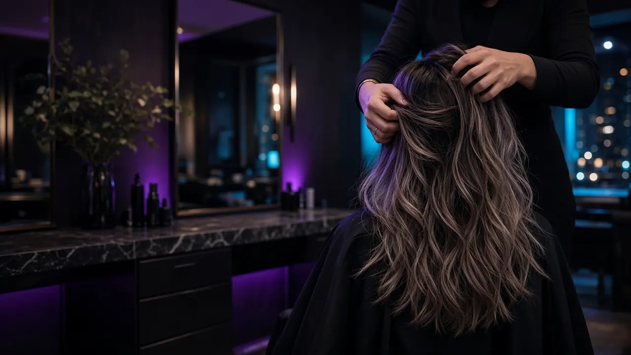 A stylist working on a client's long wavy hair at a salon station.