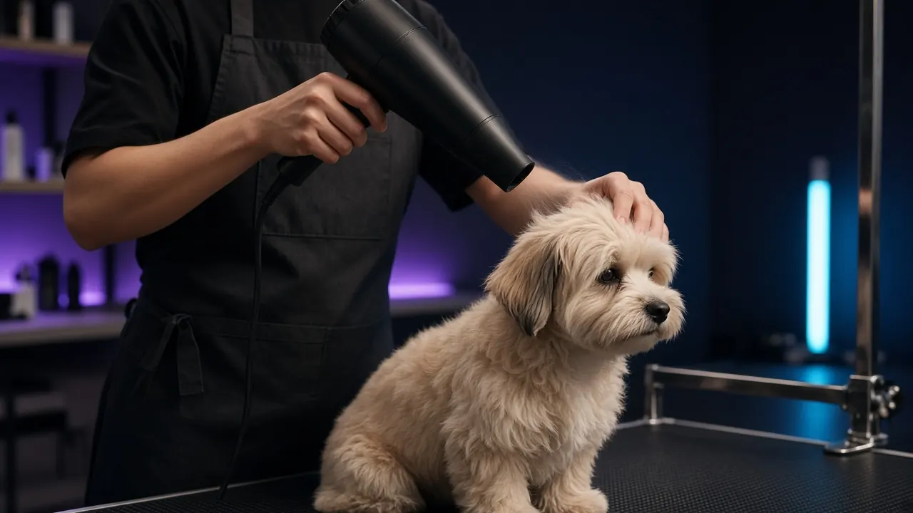 A groomer blow-drying a fluffy small dog on a grooming table.