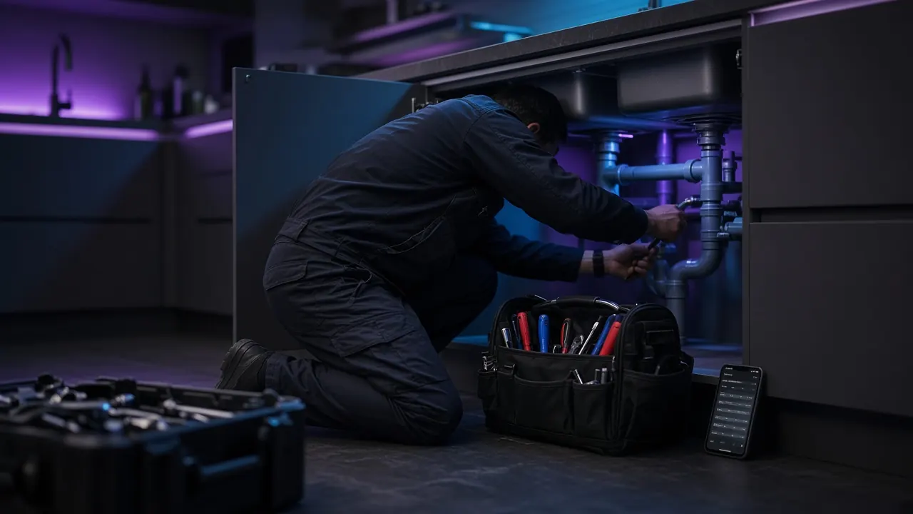 A plumber working under a kitchen sink, with a phone showing the day's schedule.