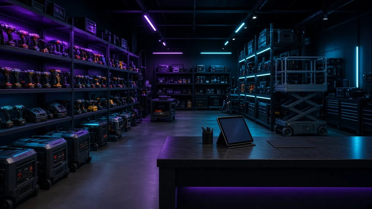 An equipment rental shop with shelves of power tools, generators and a scissor lift.