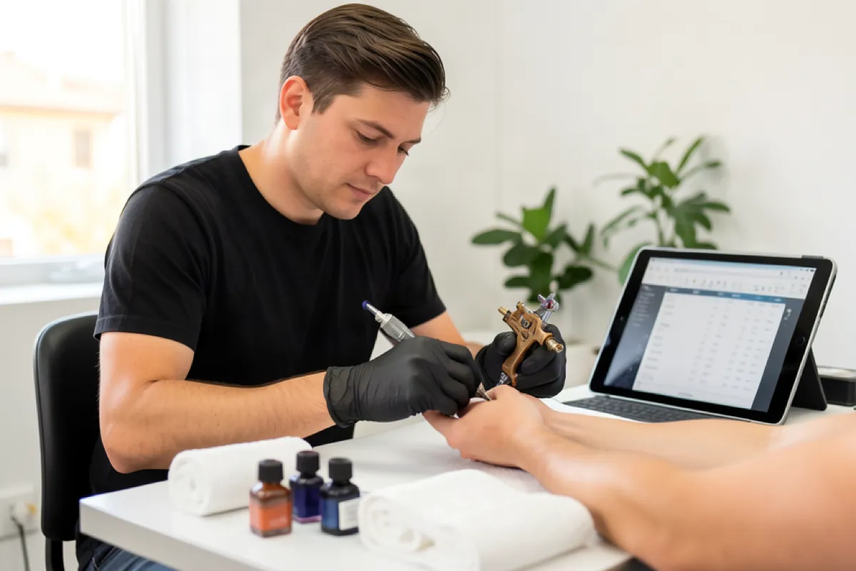 A tattoo artist in gloves working on a client's forearm at a clean studio station.